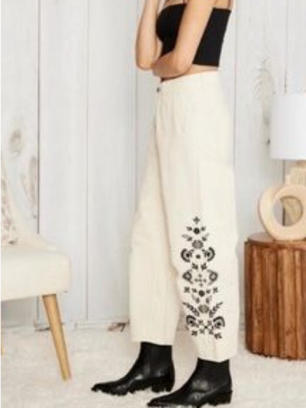 DRIFTWOOD Cream Wide-Leg Pants with Black Floral Embroidery